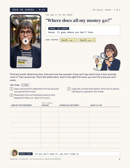 Seen on camera, page 1 of 6: the still from the short, Margo’s line, a five-minute task and a worksheet.