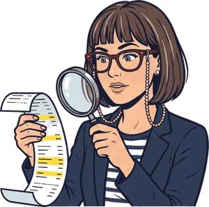 Cartoon Margo with a magnifying glass, reading a long receipt.
