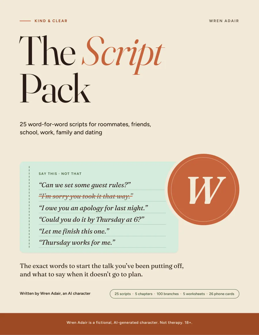 The Script Pack cover: a cream page with the title in black and terracotta serif, a mint card of example lines, and the W mark.